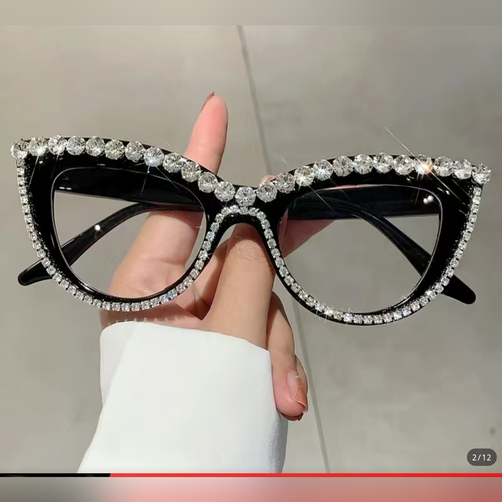 Black Cat Eye Clear Lense Fashion Rhinestone Glasses
